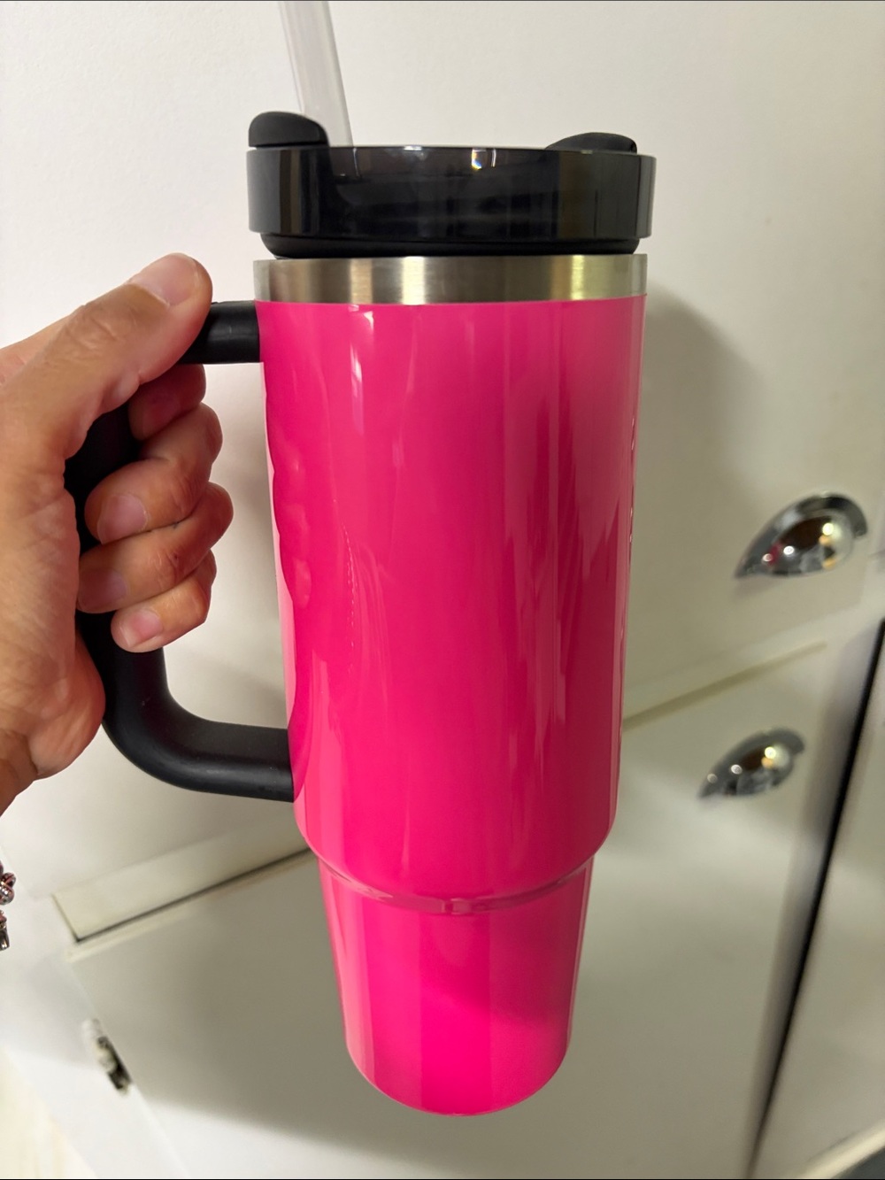 Stanley Hot Pink Travel Tumbler with Black Lid & Handle - Picture 6 of 7